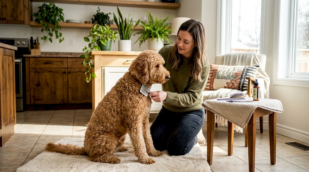 Woman brushing Goldendoodle in bright living room