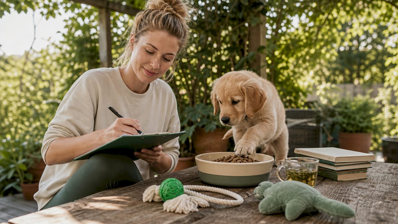 Owner checking puppy nutrition checklist at kitchen table