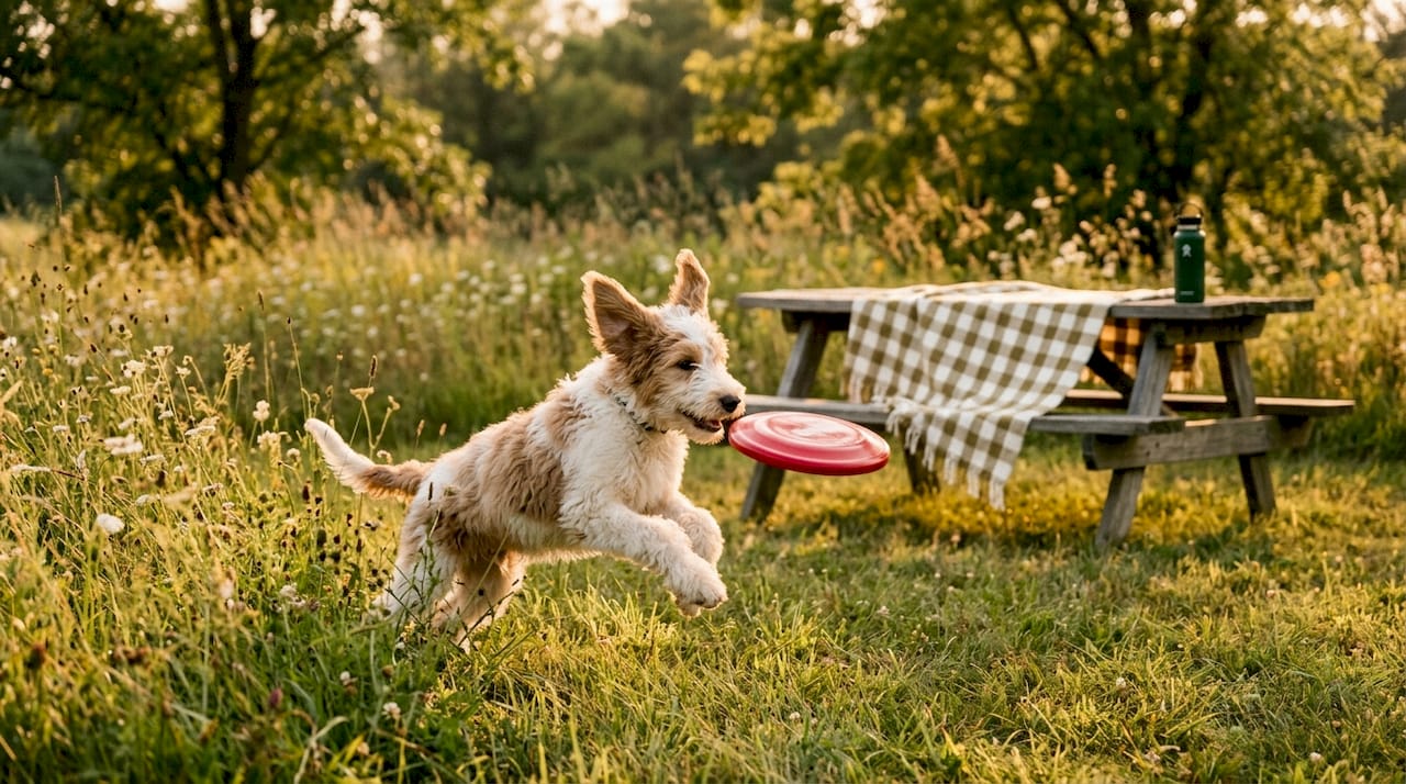 Doodle puppy running energetically on grass