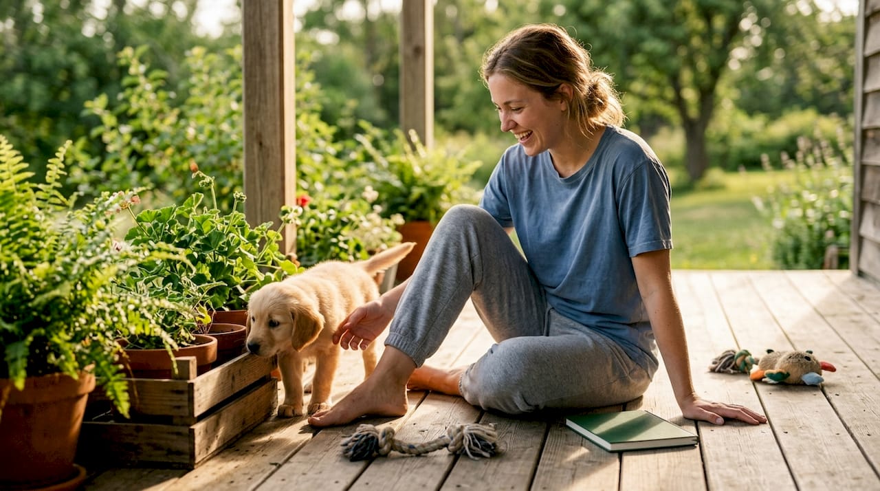 Young woman socializing playful Golden Retriever puppy indoors
