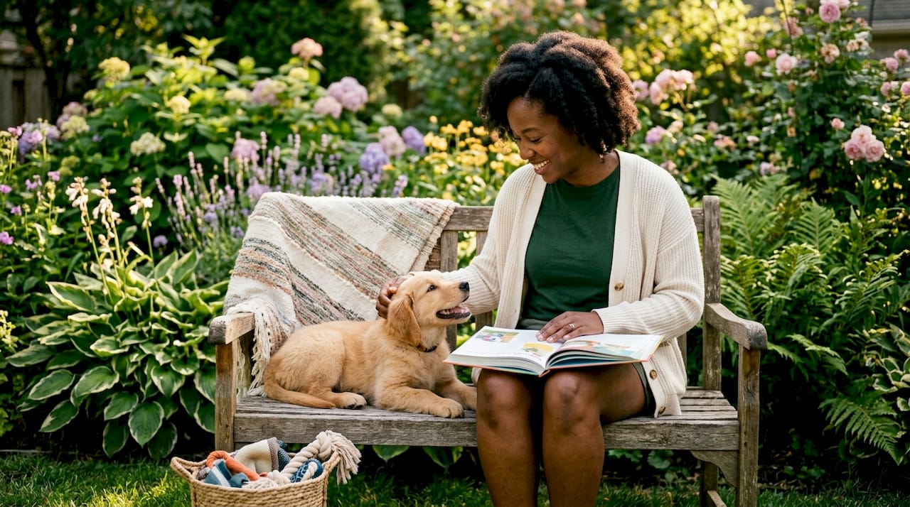 Woman with golden retriever puppy on sofa