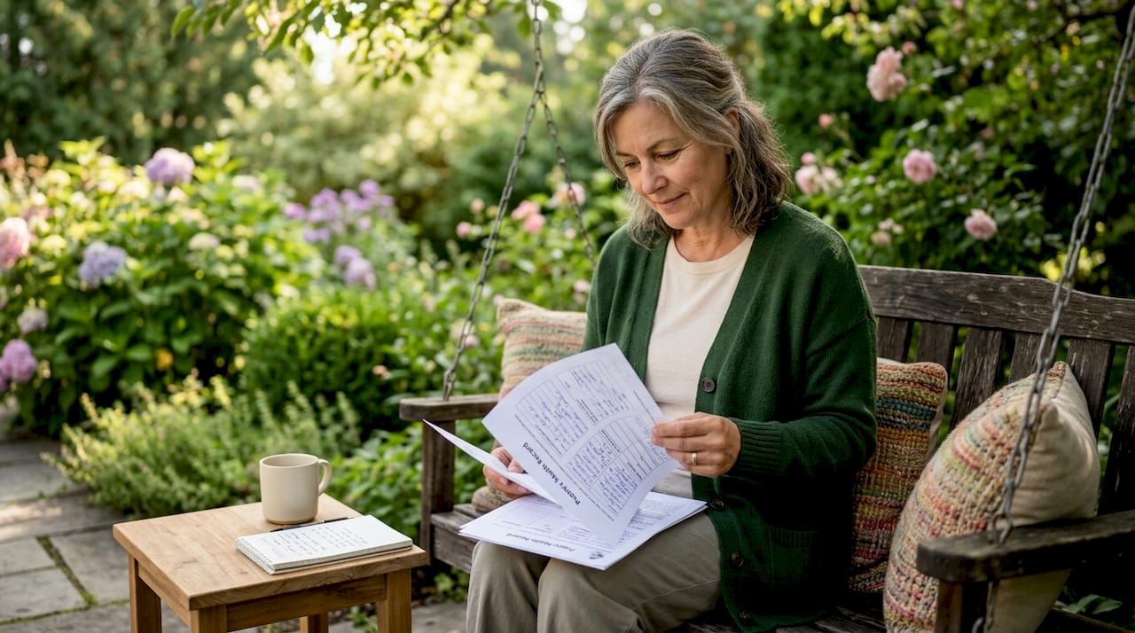 Woman reviewing puppy health record at kitchen table