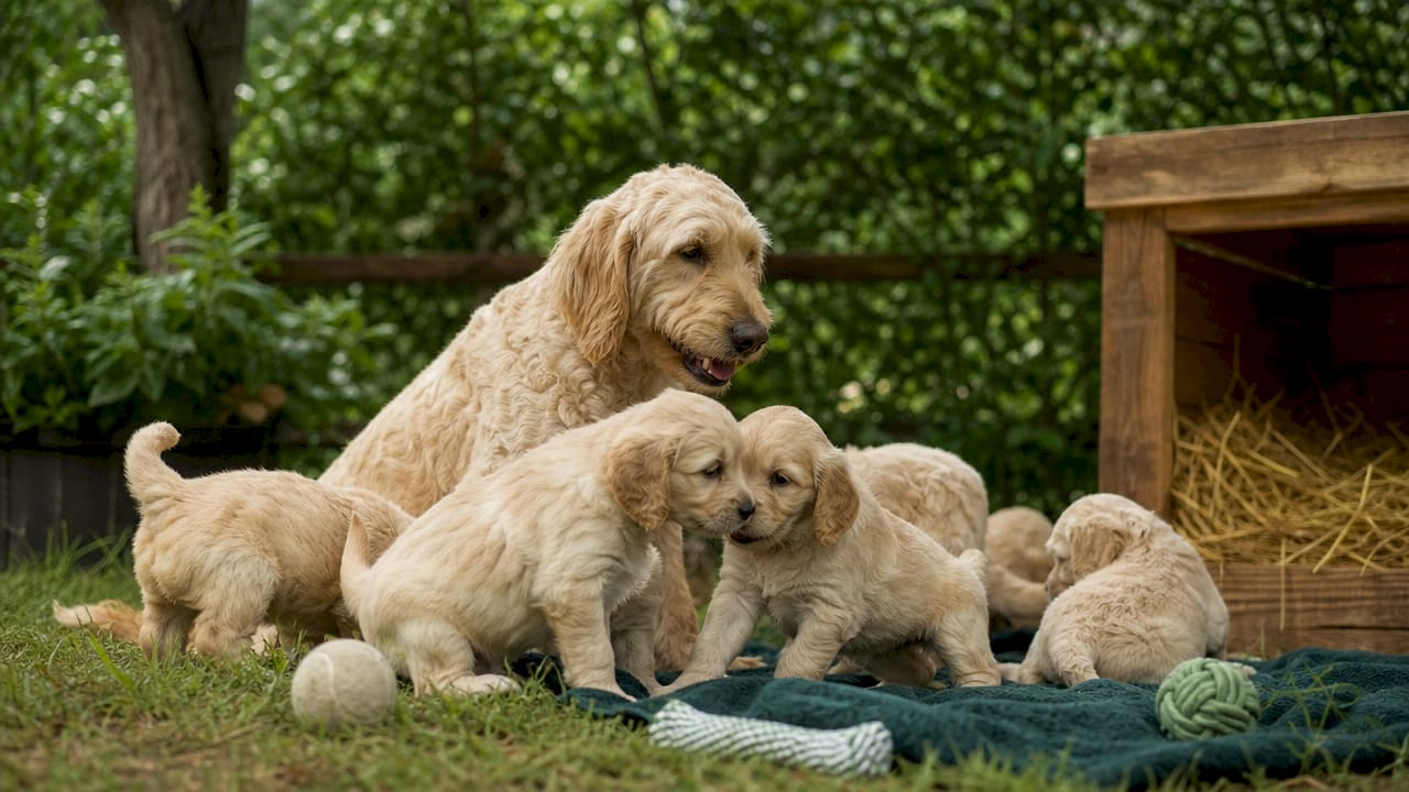 Mother dog nursing puppies during weaning