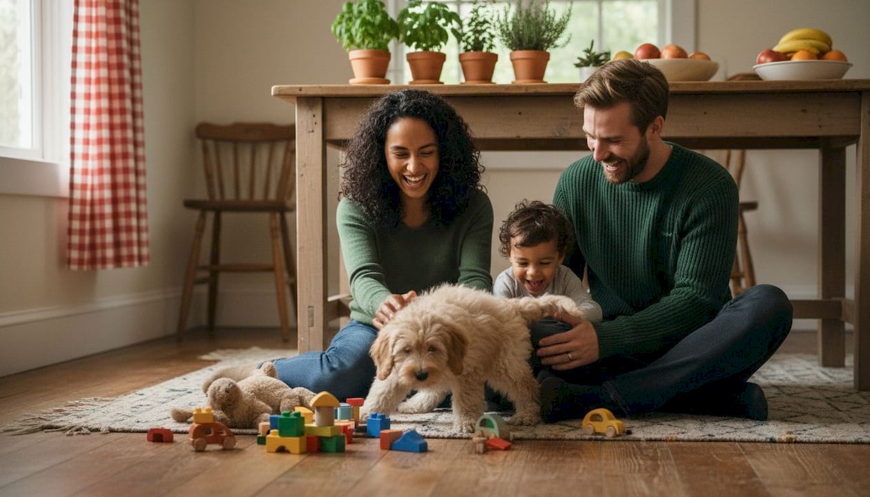 Family choosing a doodle puppy indoors
