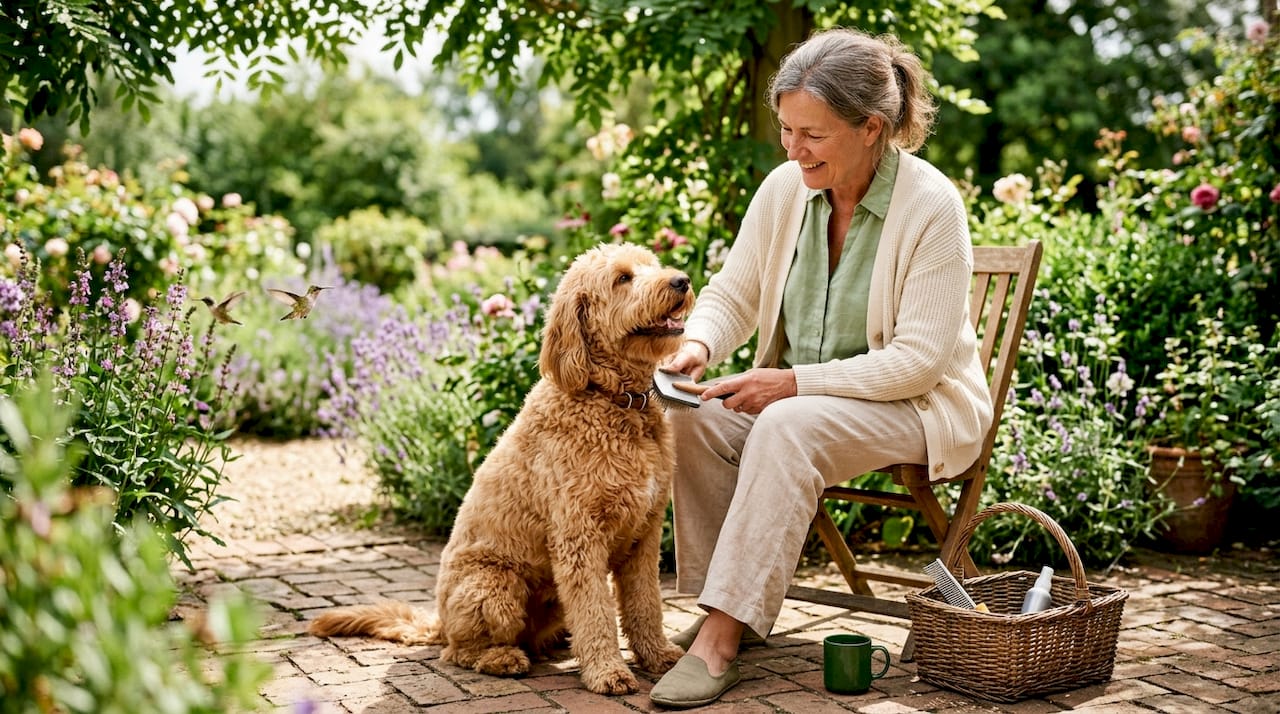 Woman grooming Goldendoodle dog indoors