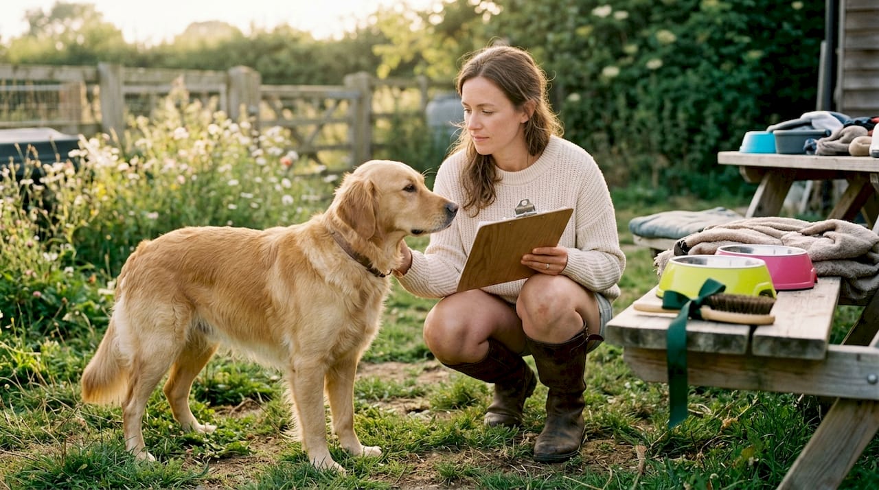 Breeder examining healthy dam dog indoors