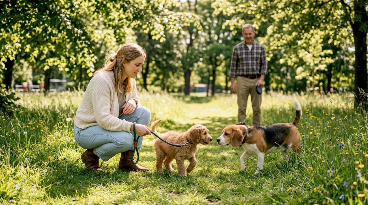 Woman introducing doodle puppy to adult dog outdoors