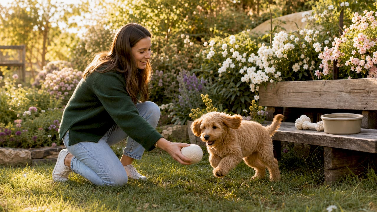 Owner playing gentle fetch with puppy indoors