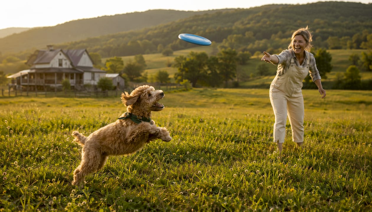 Goldendoodle puppy playing fetch outside