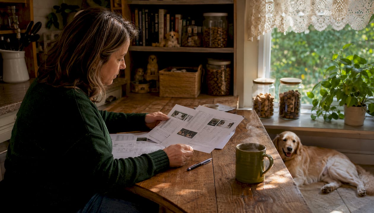 Dog breeder reviewing health records in home office