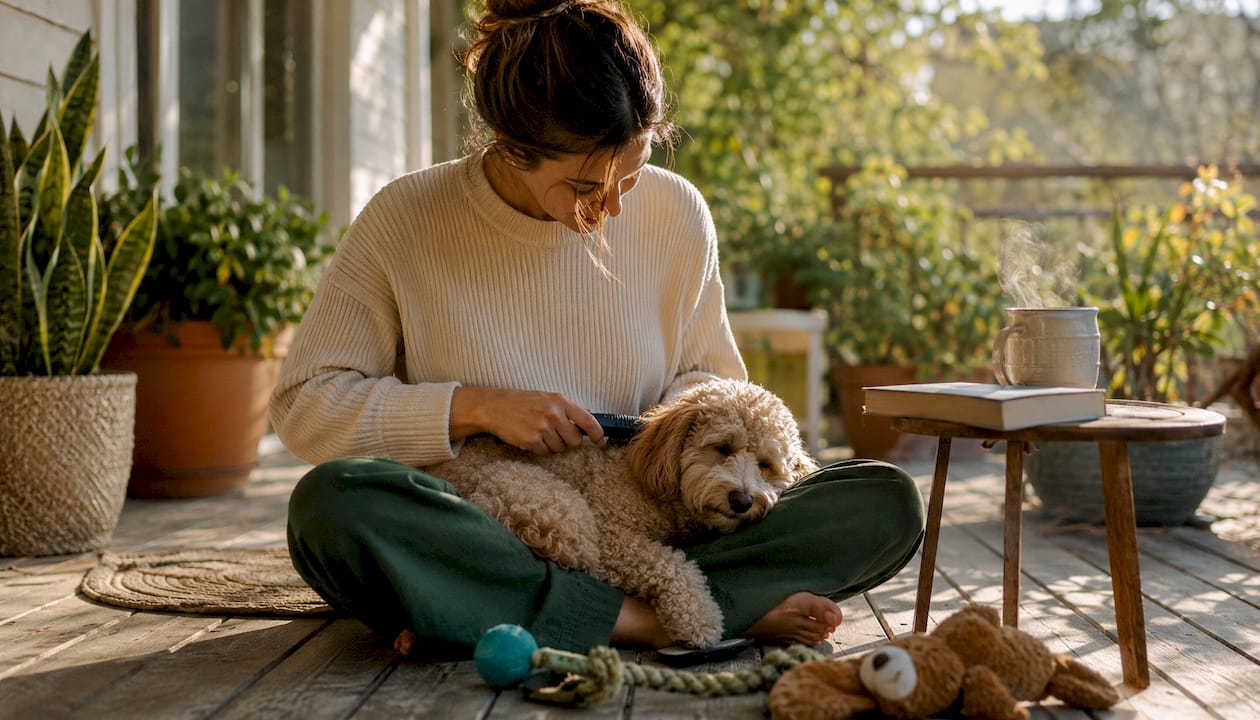 Woman brushing poodle inside sunny living room