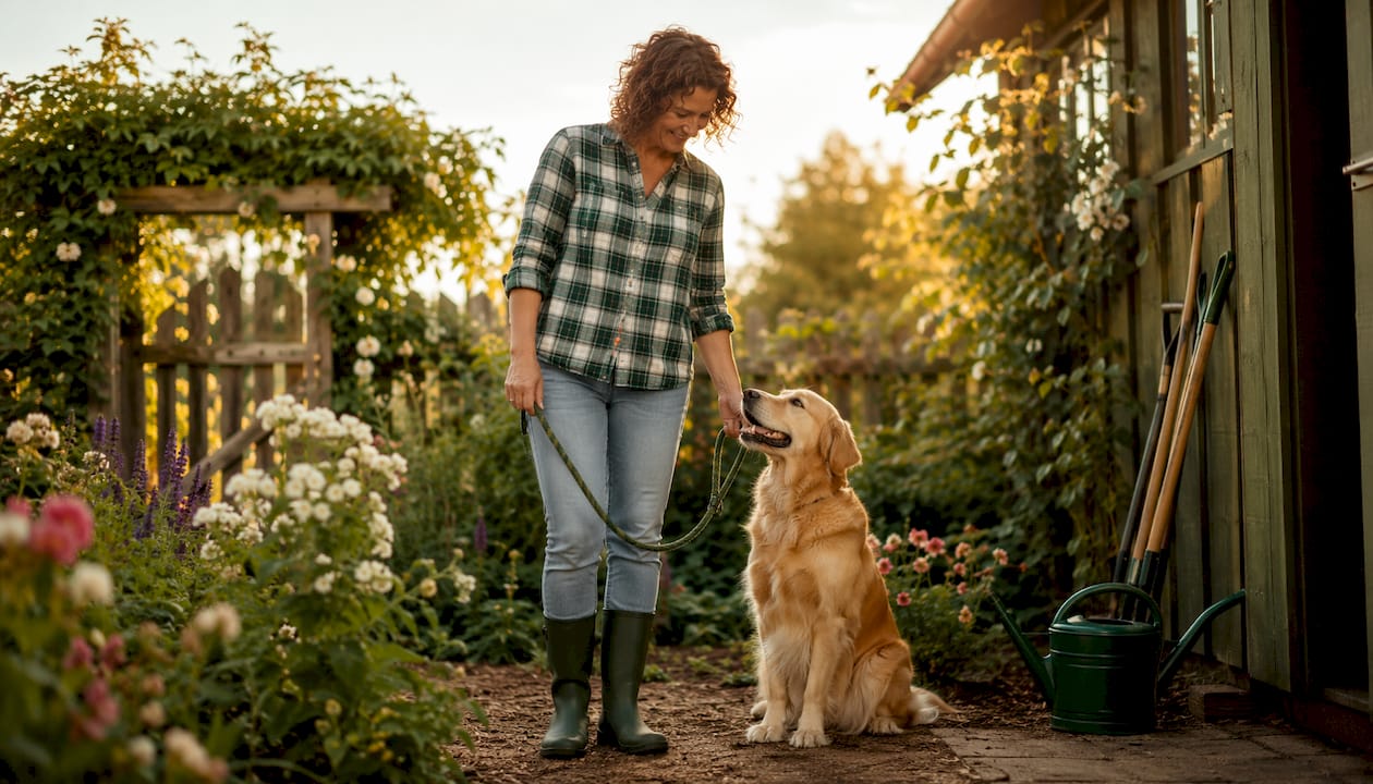 Owner walking dog in safe neighborhood