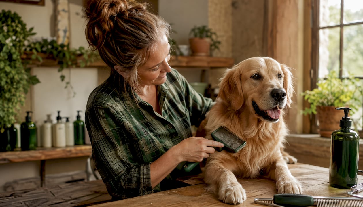 Groomer brushing golden retriever indoors