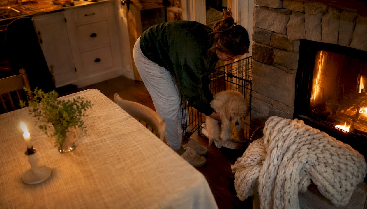 Woman placing doodle puppy in crate for bedtime