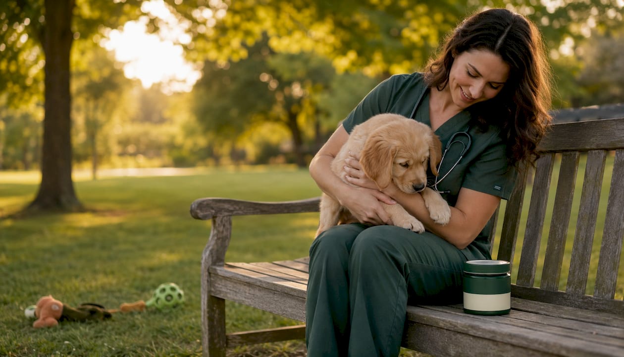 Veterinarian examining puppy with supplements nearby