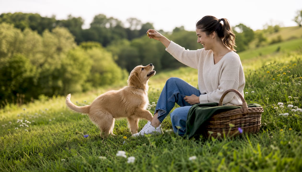 Woman socializing golden retriever puppy in park