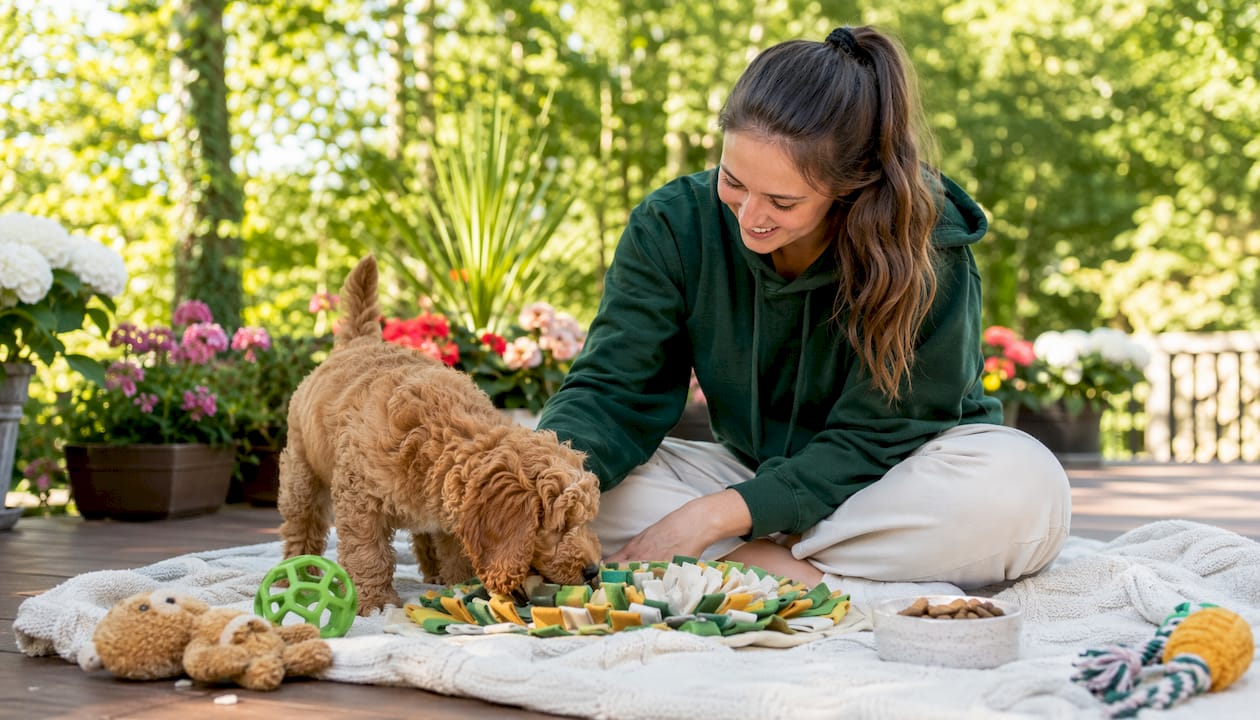 Woman engaging doodle puppy with snuffle mat indoors