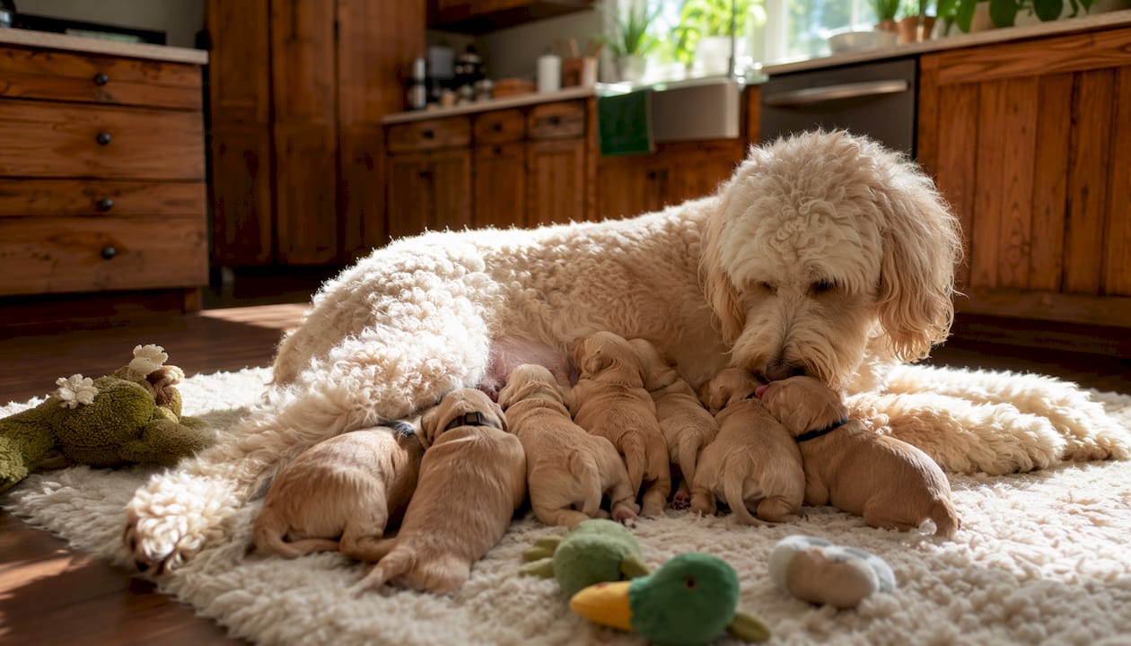 Mother dog nursing newborn puppies indoors