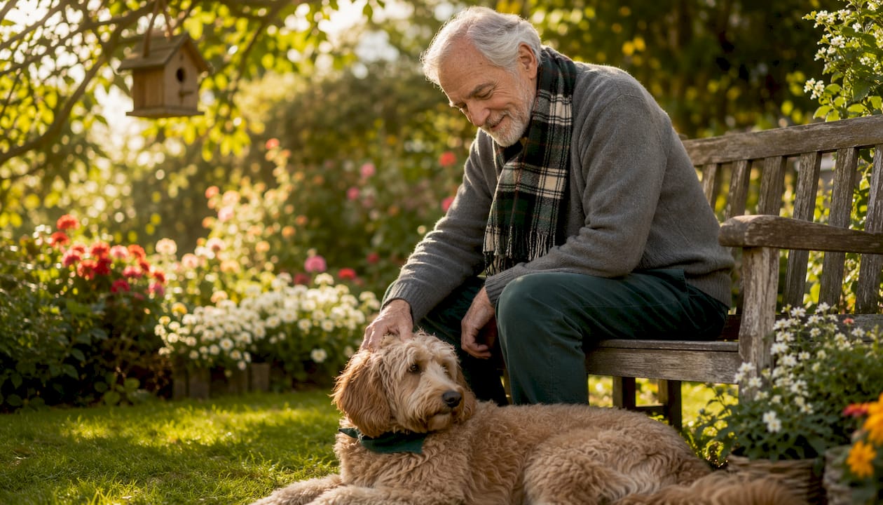 Senior man sitting with Goldendoodle companion dog