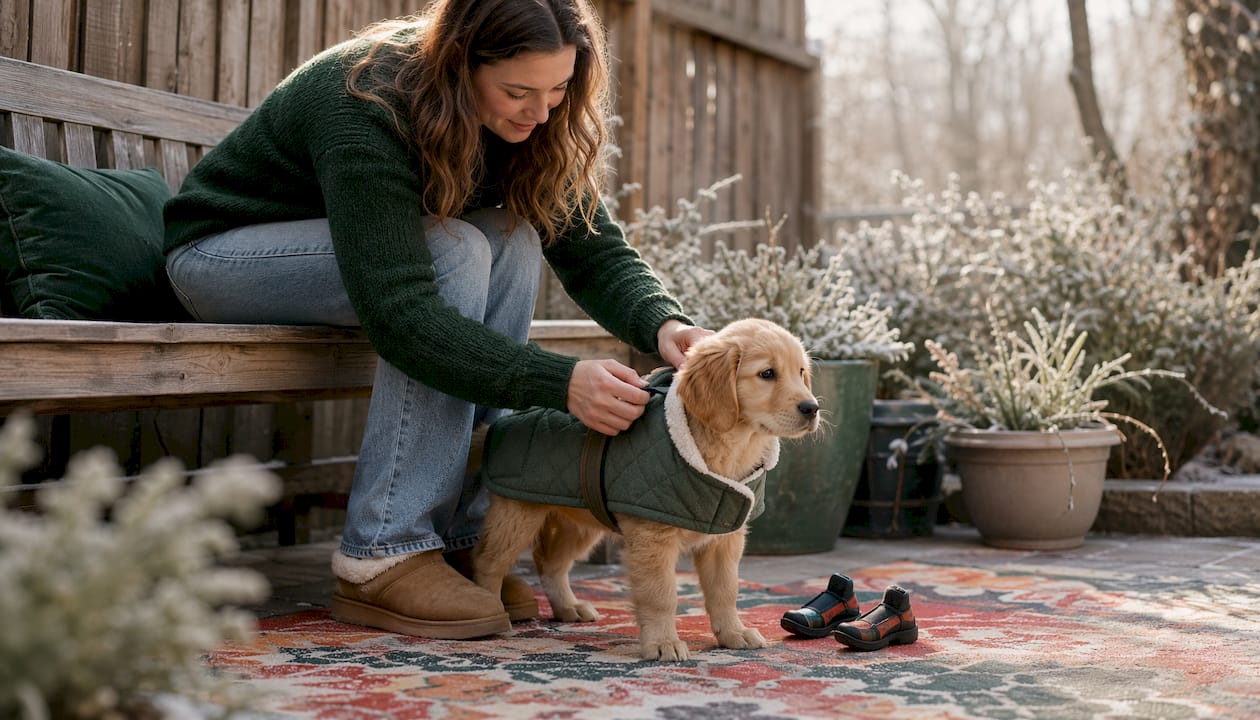 Woman fitting winter coat on puppy outdoors