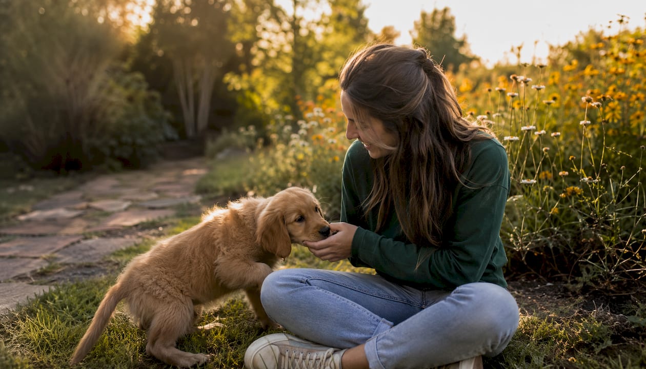 Young woman bonding with playful puppy outdoors
