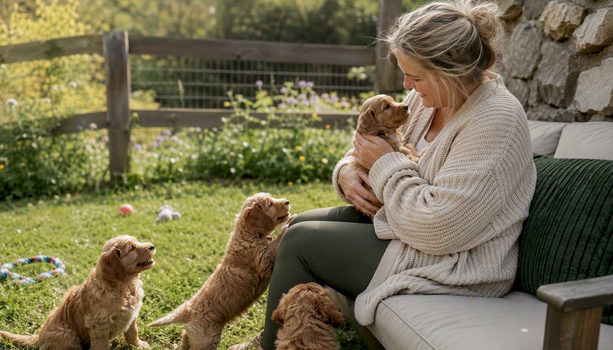 Breeder gently socializing young puppies indoors