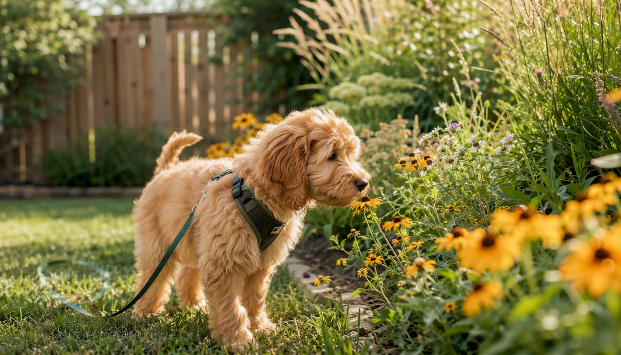 Goldendoodle puppy in harness indoors