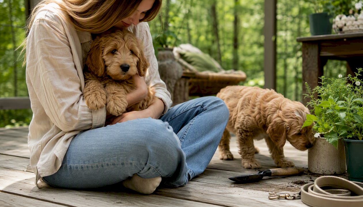 Person gently holding a Goldendoodle puppy outdoors
