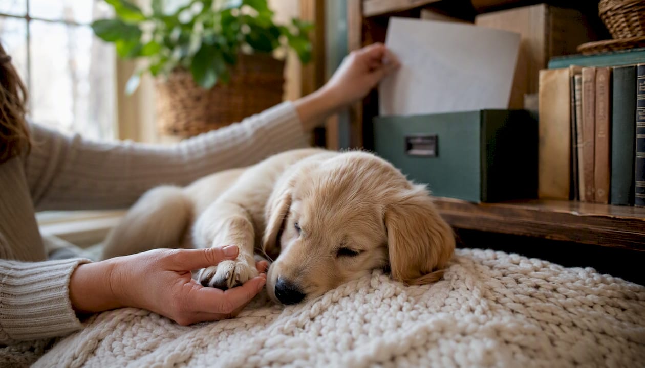 Hands gently holding a labrador puppy paw for health check
