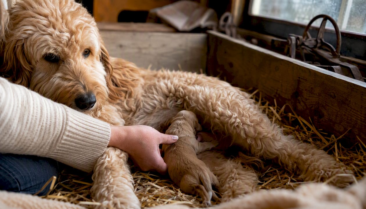 Newborn puppy nursing from dam