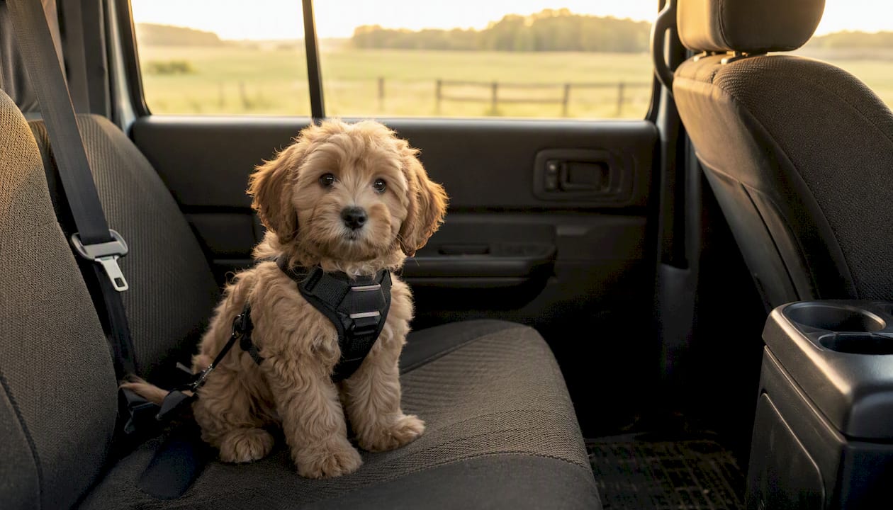 Puppy secured in car safety harness on back seat