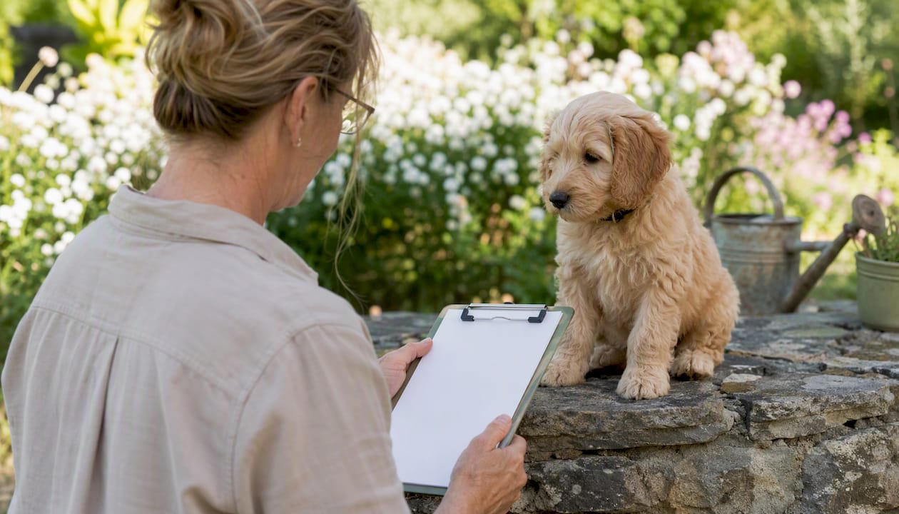 Person verifying puppy health records outdoors