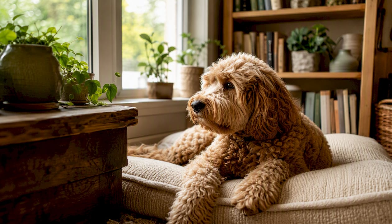Calm Goldendoodle relaxing indoors