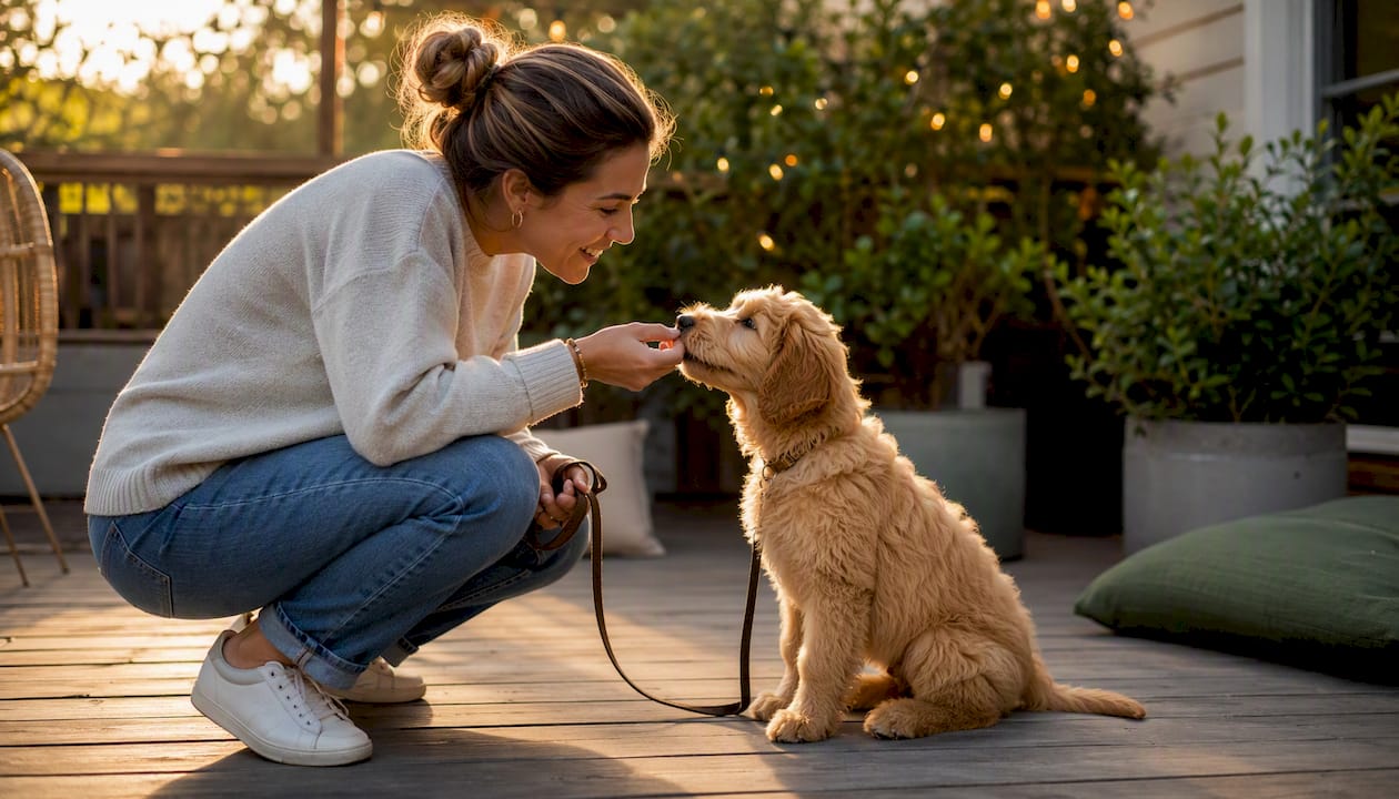 Trainer rewarding attentive Goldendoodle puppy