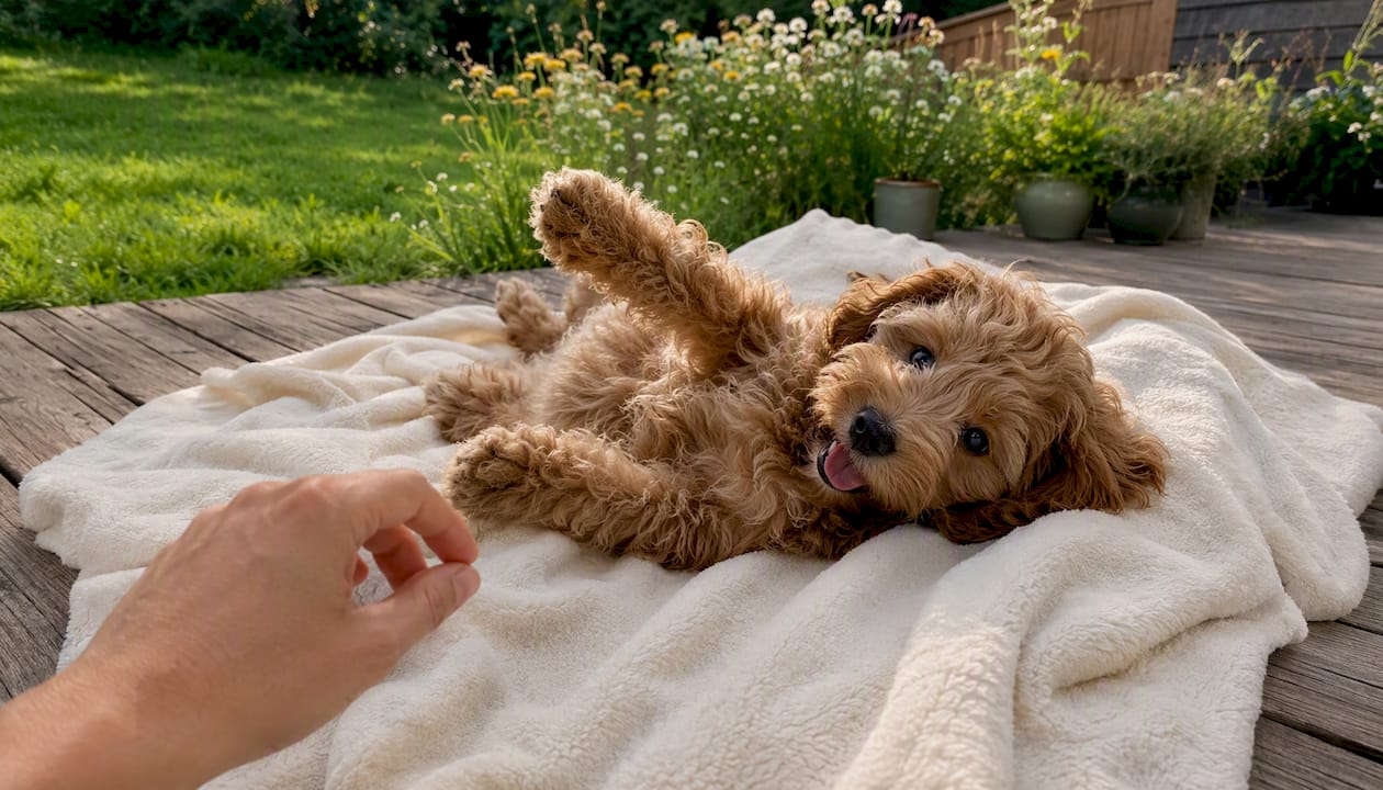 Cockapoo puppy being brushed outdoors