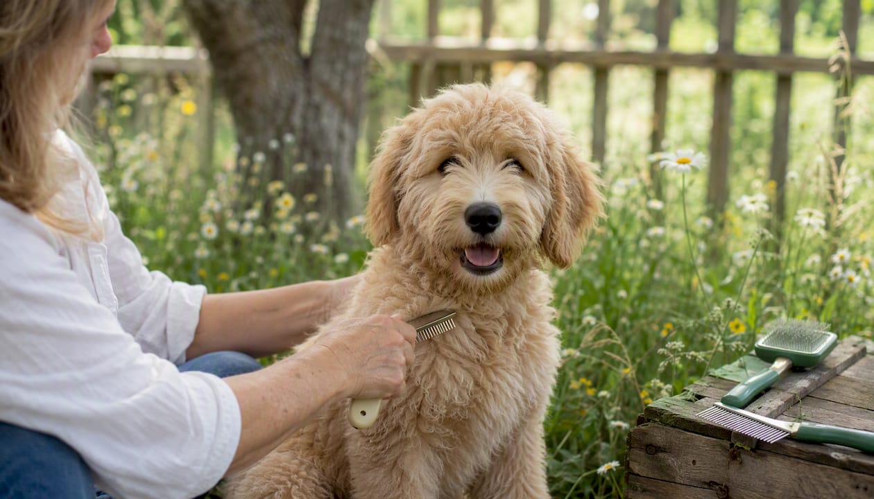 Brushing wavy coated Goldendoodle puppy outdoors