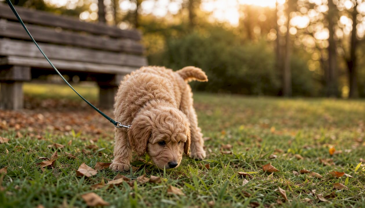 Goldendoodle puppy on gentle leash walk