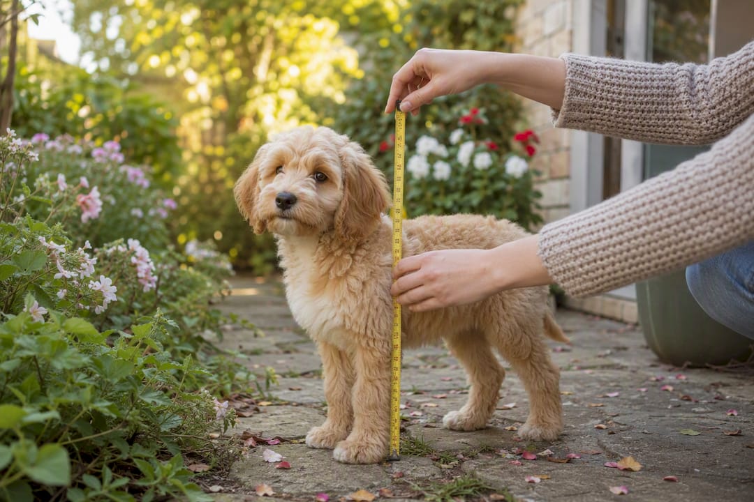 Measuring shoulder height of cockapoo puppy outdoors