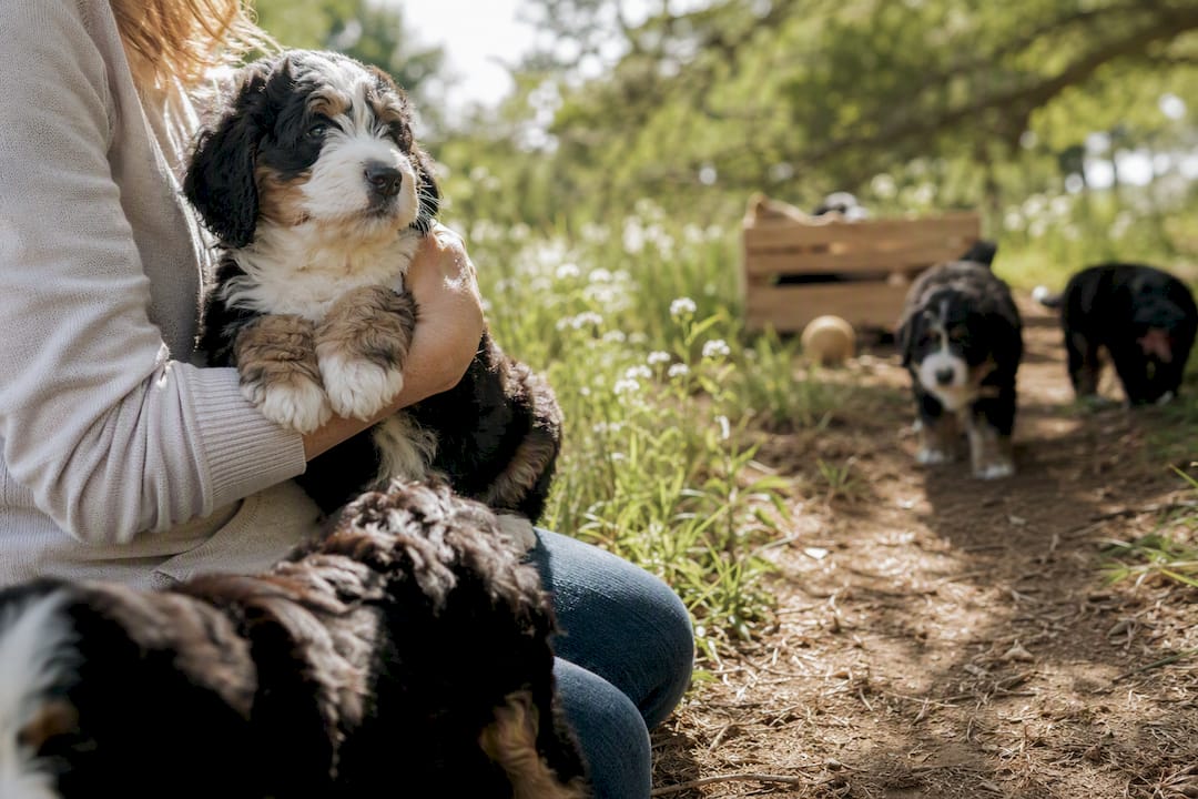 Close-up of Bernedoodle puppy coats outdoors