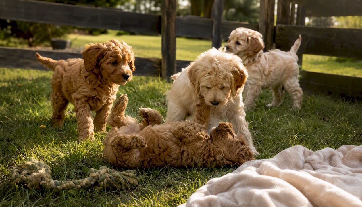 Group of Goldendoodle puppies with different coats outdoors