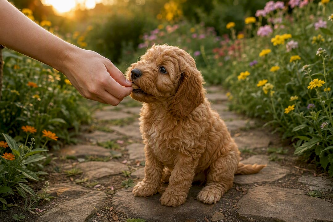 Cockapoo puppy receiving treat in rustic backyard